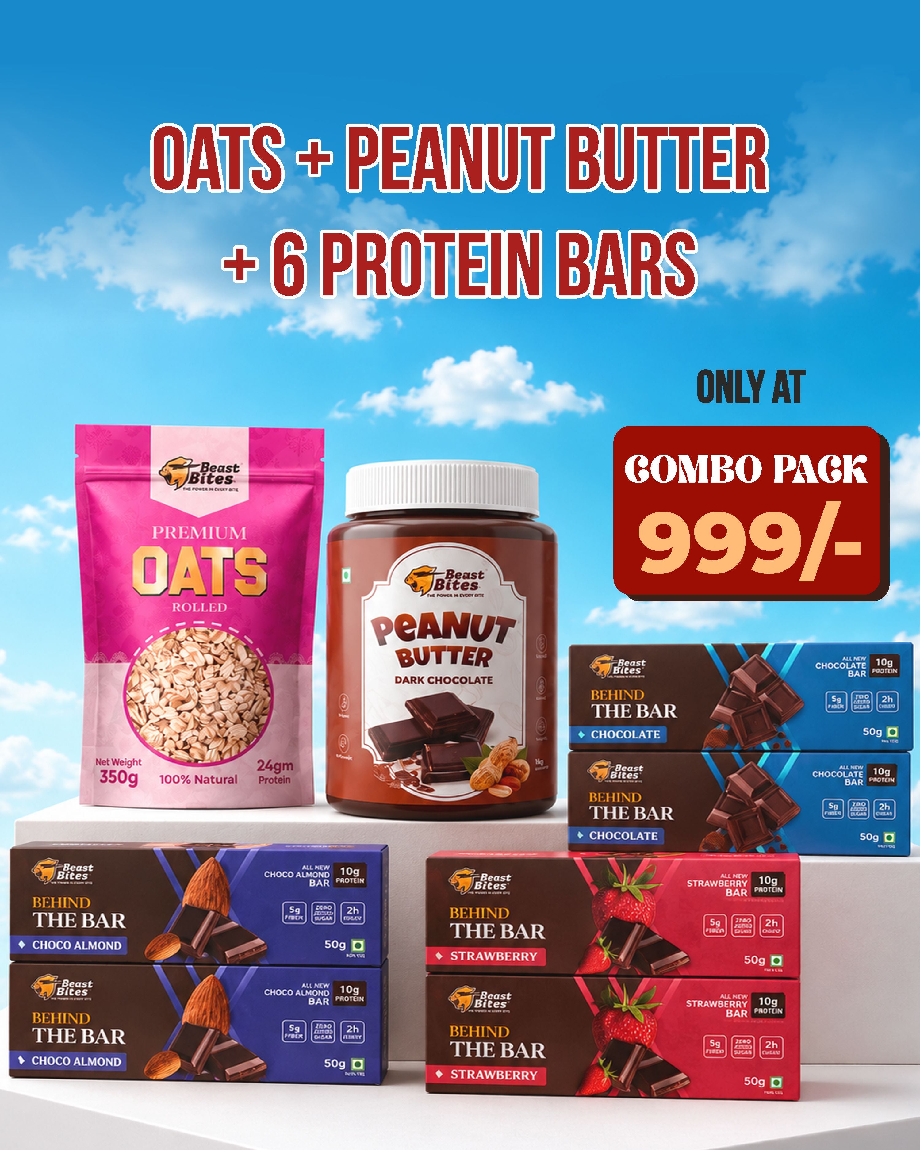 Beast Bites Power Breakfast Combo | Peanut Butter + Premium Rolled Oats (350g) + 6 High Protein Bars