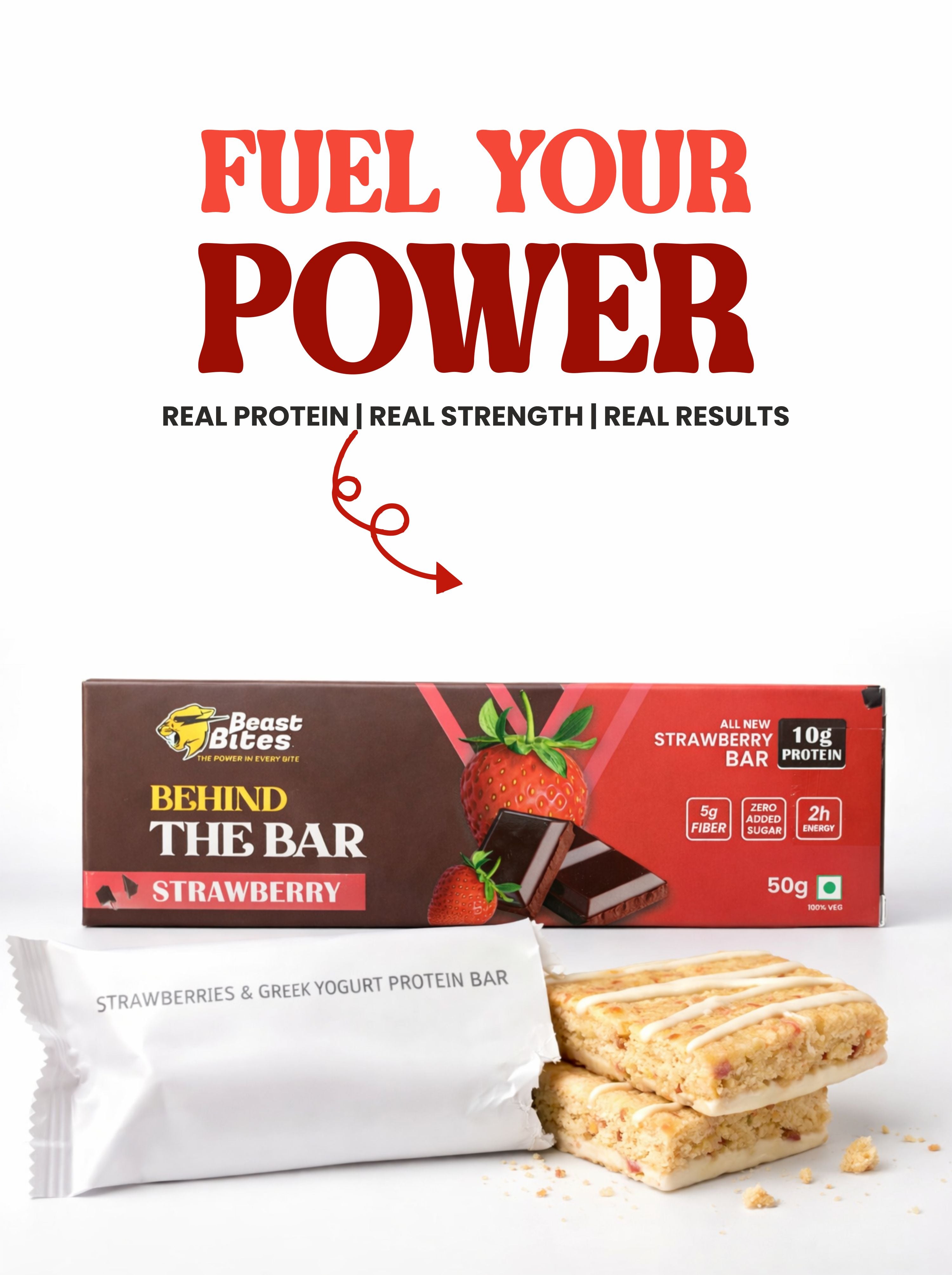 Beast Bites Strawberry Protein Bar (Pack of 6) | 10g Protein | No Added Sugar | High Protein Energy Bar
